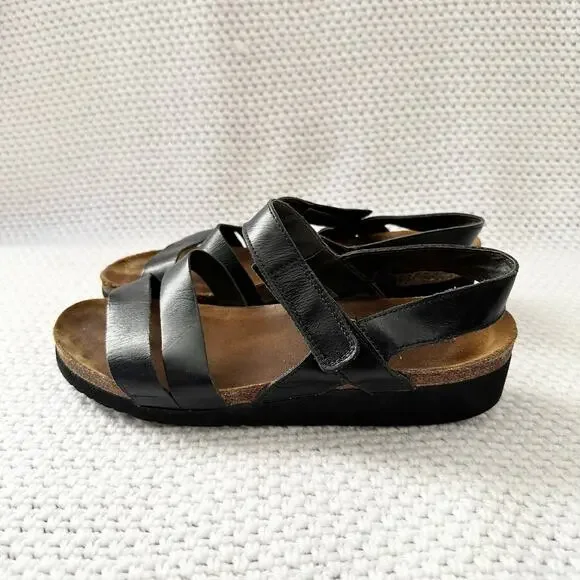 Naot Kayla Black Matte Leather Strappy Corkbed Low Platform Wedge Sandals 41 L10 - Picture 6 of 9